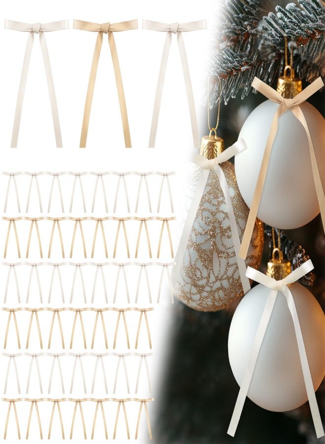 Knitgrip 48 Pcs Gold and White Satin Twist Tie Bows for Christmas Tree Ornaments Vintage Neutral Small Pre Tied Satin Bows for Gift Wrapping Treat Bag Xmas Wreath Garland Mantel Home Decor - Image 1